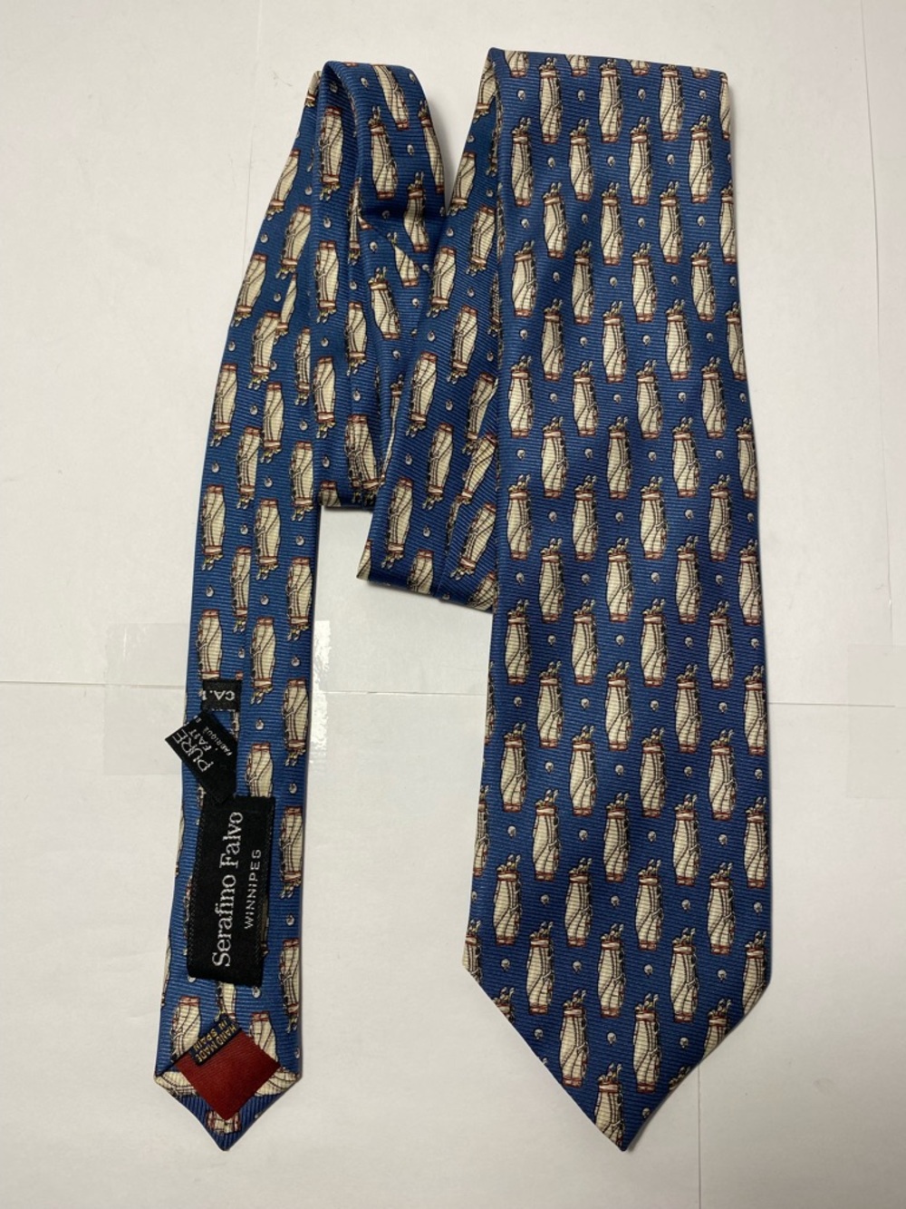 Richel Serafino Falvo Men’s Silk Tie Blue Golf Bag Pattern Hand Made Spain NWT